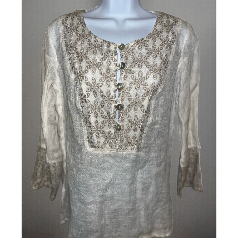NWT Marilu` (Small) Linen Top Sheer Italy White Embroidered Slit Tunic Button - Picture 3 of 14